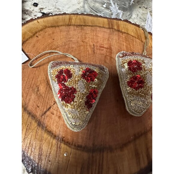 2 J.Crew Beaded Pizza Ornaments Sequins & Hanging Loop Embroidered logo Hoilday - Picture 2 of 12